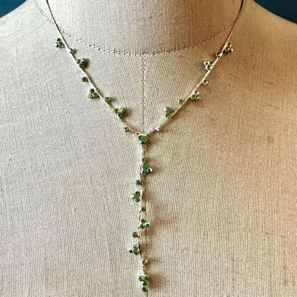 Silver tone green rhinestone Y necklace
